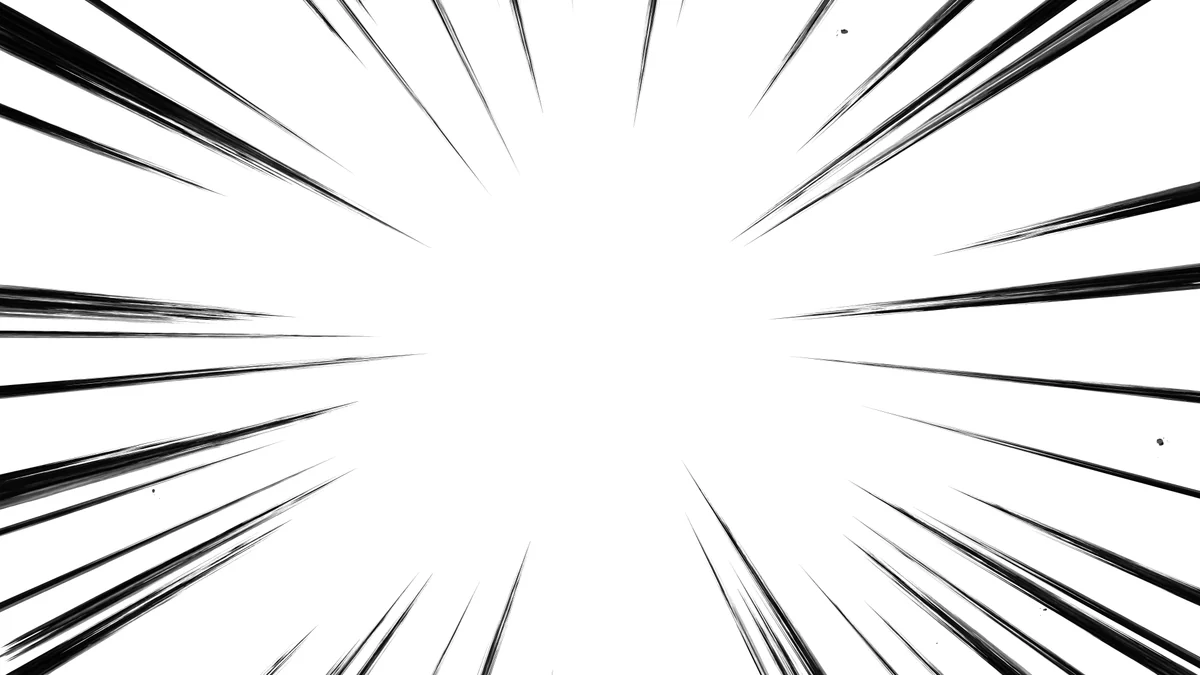 毛筆のブラシ質感で描いた集中線の作例。線の中に墨の濃淡やかすれ、細かなインクの粒が見える